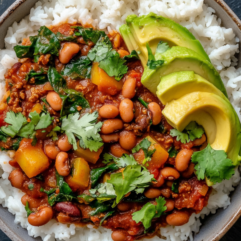A bowl of Chipotle Pinto Bean and Plantain Stew.