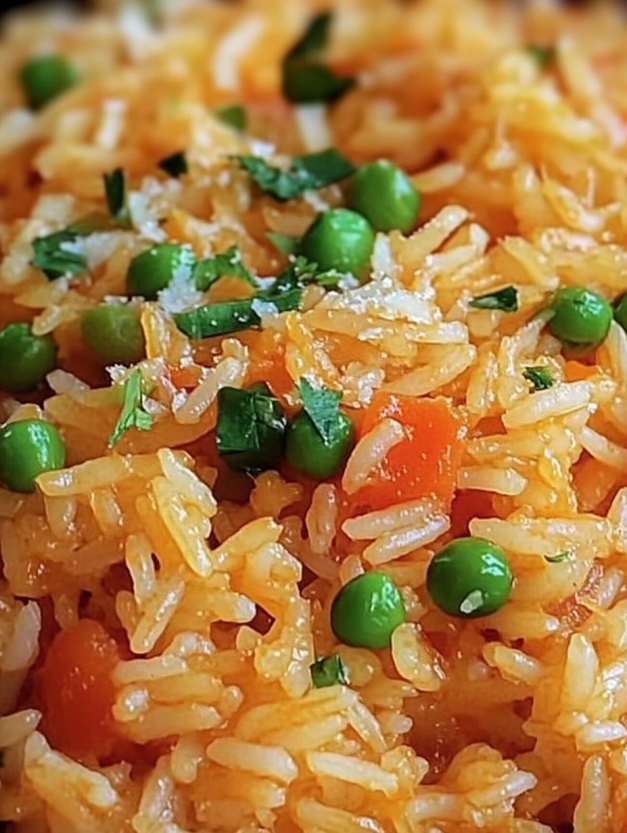 A dish of rice with peas and tomatoes.