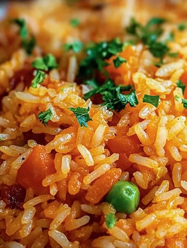 A dish of rice with peas and carrots.
