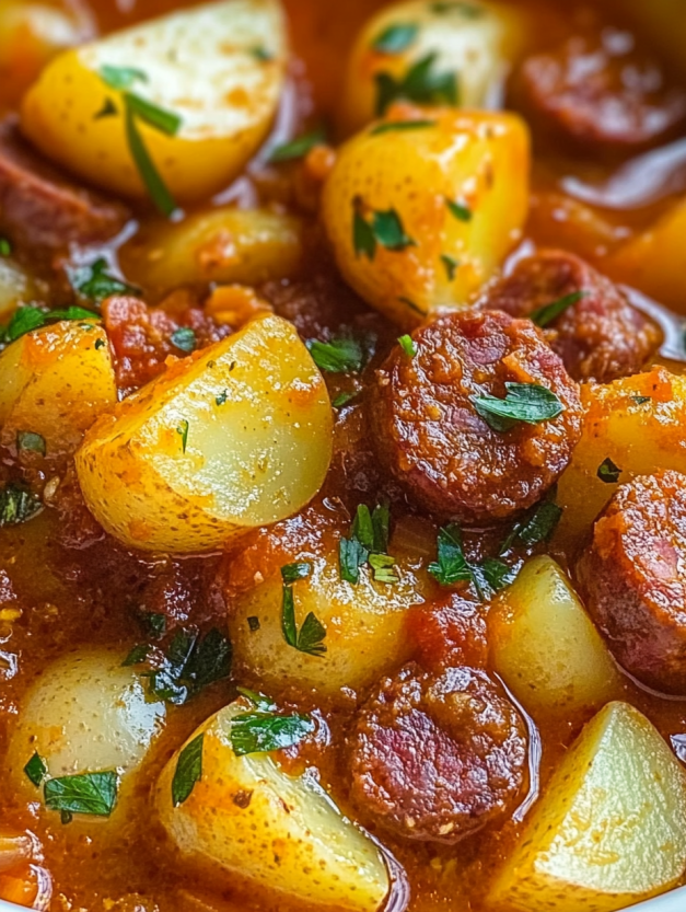 A close up of a delicious chorizo potato stew.