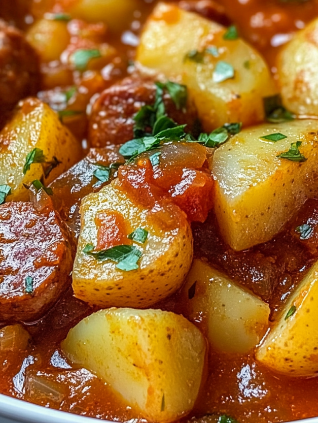 A close up of a delicious chorizo potato stew.