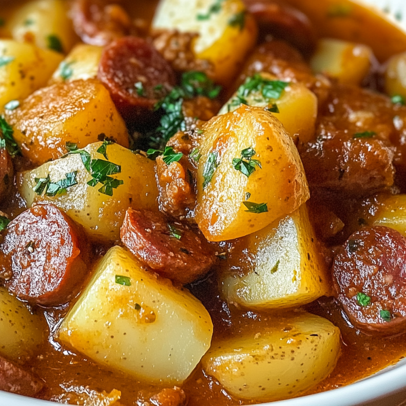 A bowl of chorizo potato stew.