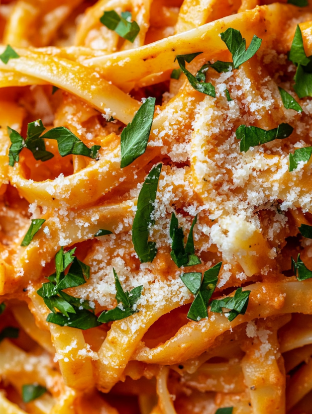 A close up of a creamy gochujang pasta dish.