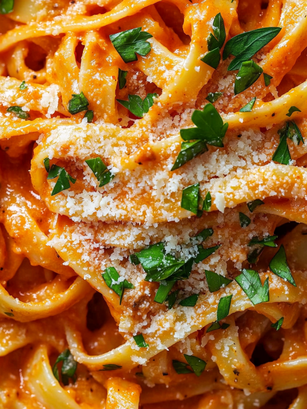 A close up of a dish of creamy gochujang pasta.