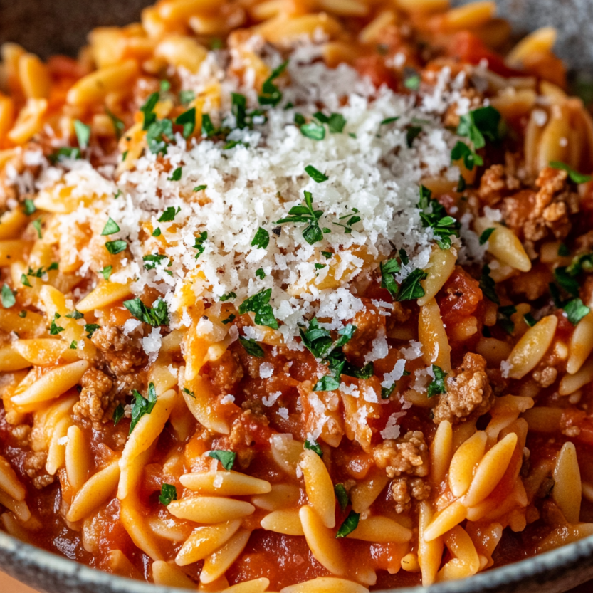 A bowl of ground turkey orzo in tomato sauce.