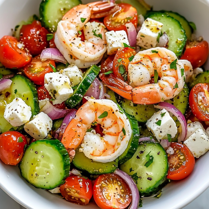 A bowl of shrimp and vegetables.