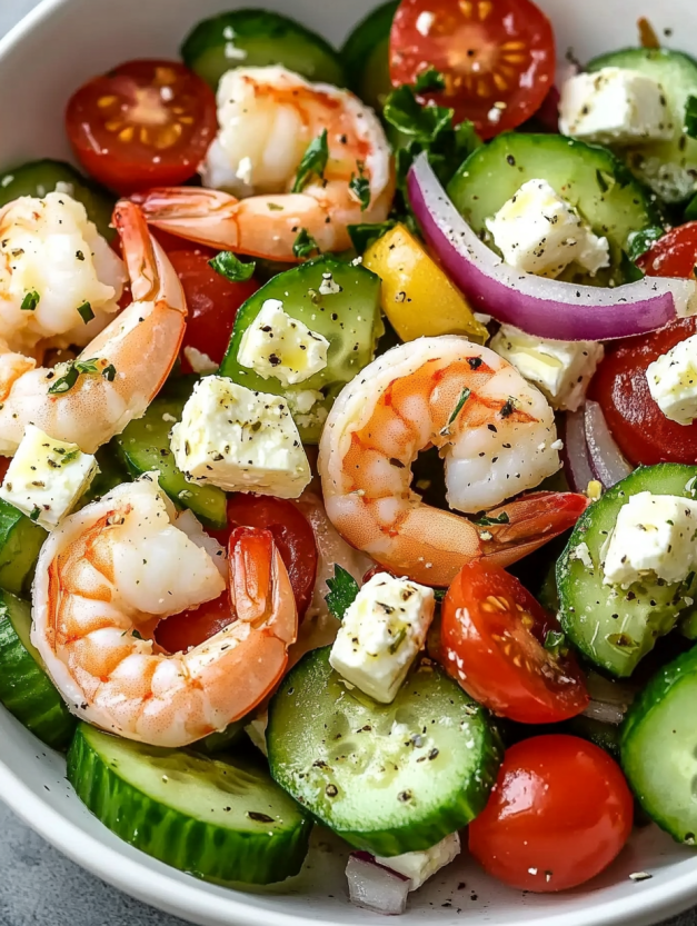 A salad with shrimp, tomatoes, cucumbers, and feta cheese.