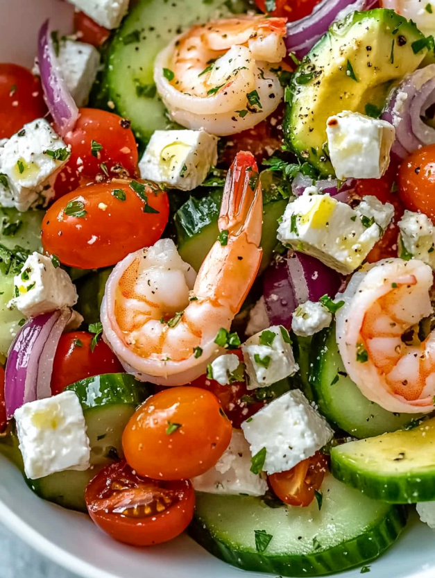 A salad with shrimp, tomatoes, cucumbers, and feta cheese.