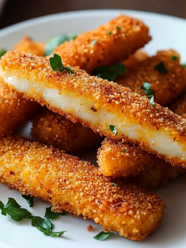 Crispy baked fish sticks on a white plate.