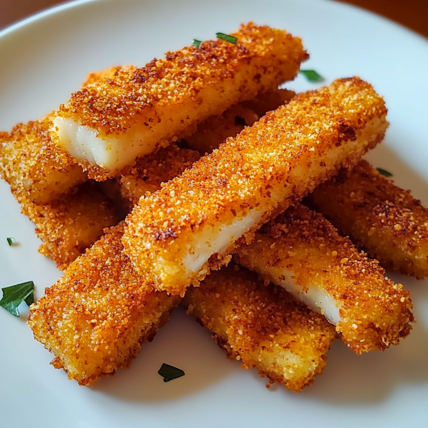 Crispy baked fish sticks on a white plate.