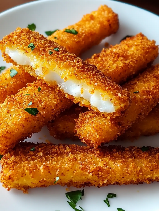 Crispy baked fish sticks on a plate.