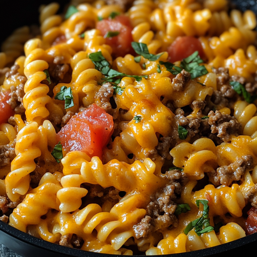 A delicious one-pot cheesy taco pasta skillet.