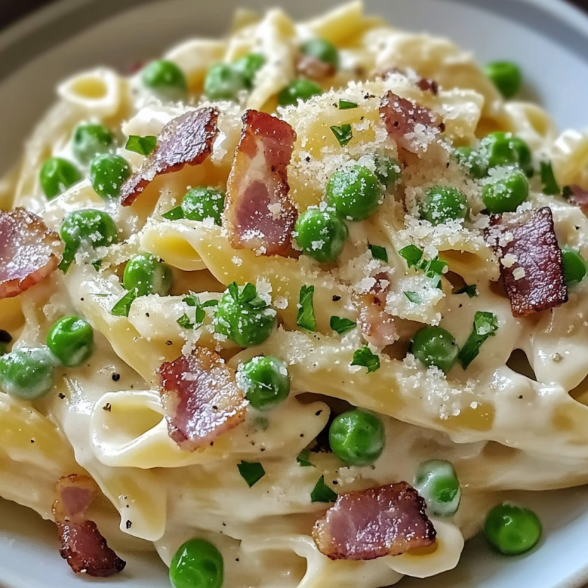 A bowl of creamy bacon and pea pasta.