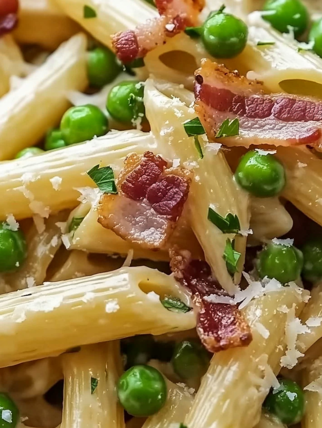 A dish of creamy bacon and pea pasta.