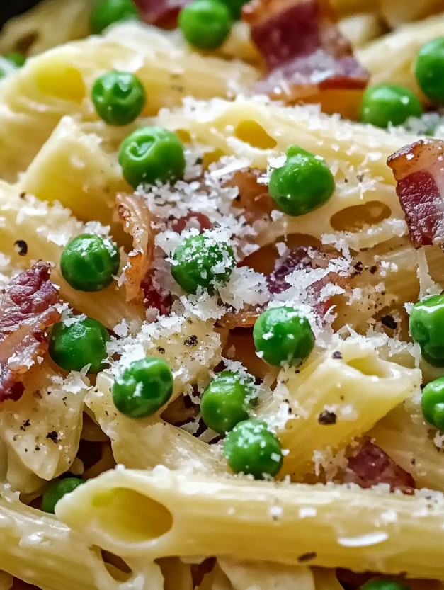 A dish of creamy bacon and pea pasta.