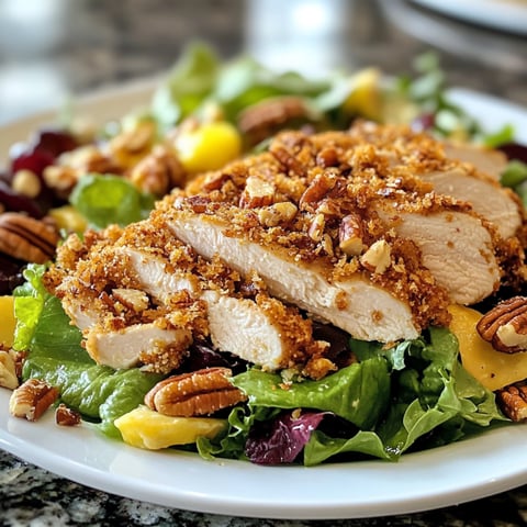 Une salade de poulet croustillé avec des noix de pecan et des légumes.