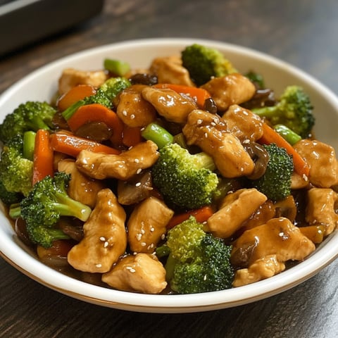Une assiette de stir fry contenant des légumes et des morceaux de poulet.