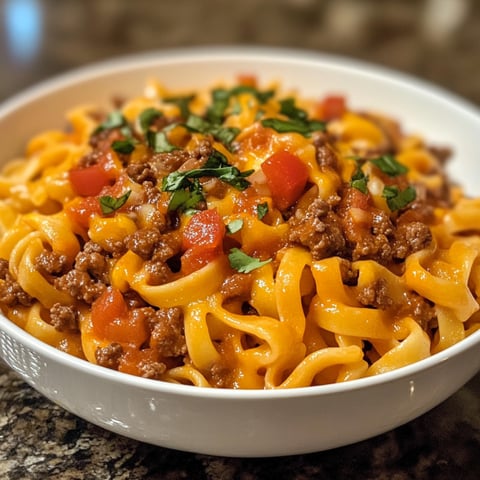Une assiette de macaroni à la viande et aux tomates.