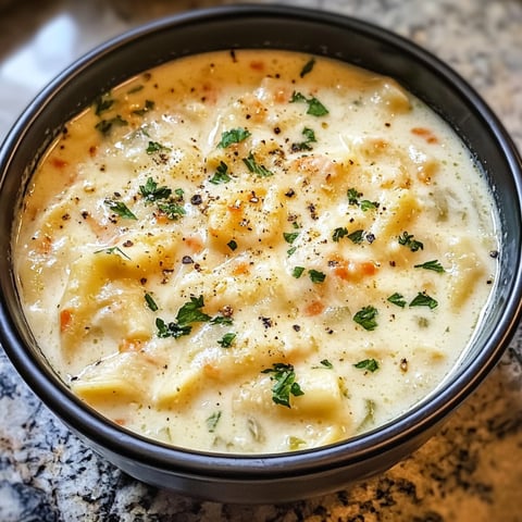 Un bol de soupe blanche avec des légumes et des herbes.