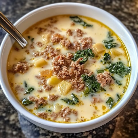 Une soupe au pesto et au bacon dans un bol.