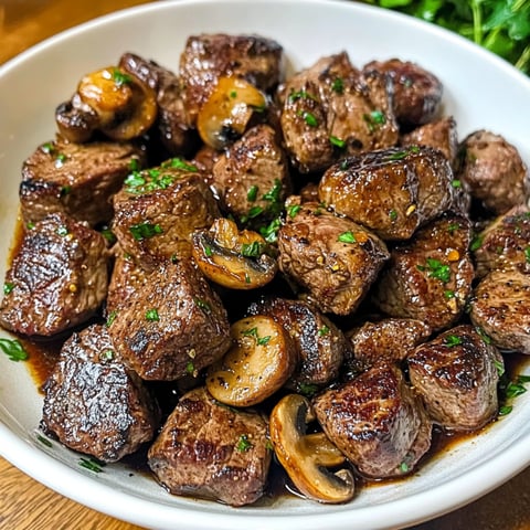 Steak bites avec des champignons et des herbes dans un bol.