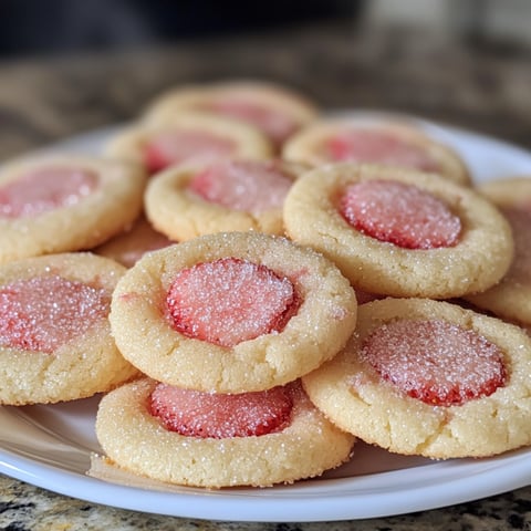 Une pile de biscuits sucrés aux fraises avec des cristaux de sucre sur un plateau.