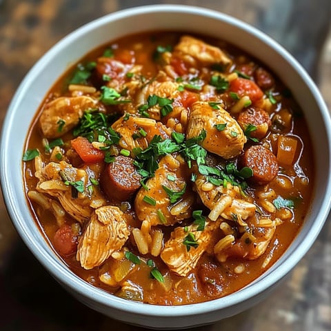 Un bol contenant du jambalaya avec des morceaux de chicken et de saucisson.