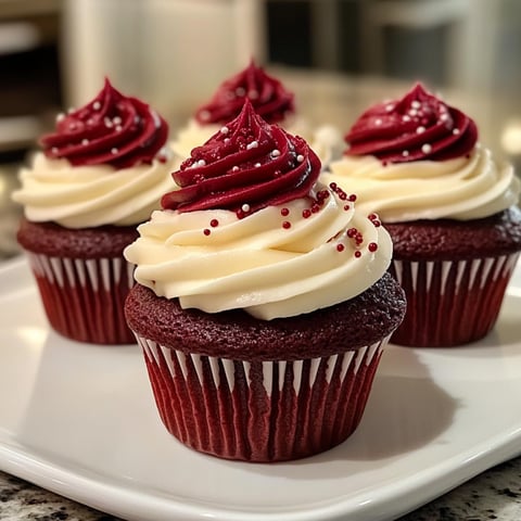 Trois cupcakes rouges avec des garnitures en forme de pointes, sur un plateau.
