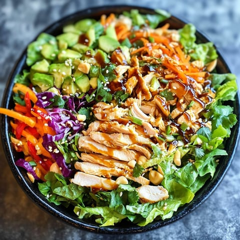 Une salade asiatique de poulet avec des légumes verts.