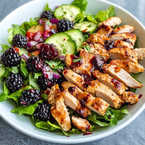 Une salade de poulet avec des fraises et des baies de mûrier.