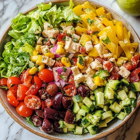 Une salade italienne composée de tomates, de concombre, de poivrons, de cucumbers, de pommes de terre, de poulet et de salade verte.