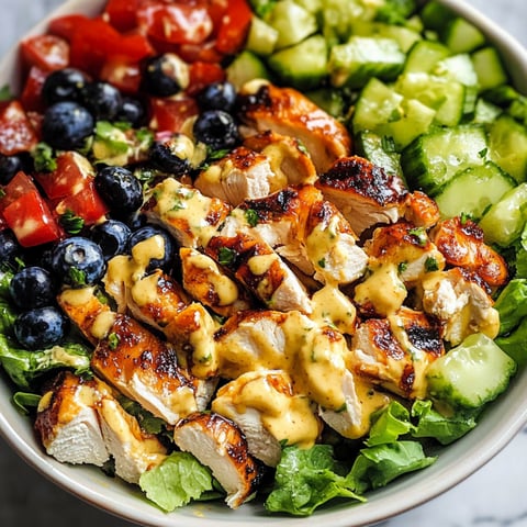 Une salade de poulet avec des légumes et une sauce au miel et au mustard.