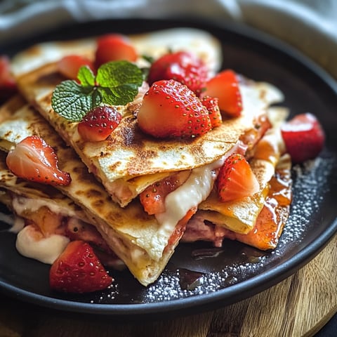 Quesadillas de strawberry cheesecake sur un plateau noir.