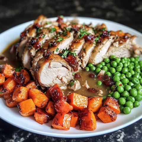 Un plat de poulet rôti avec des pommes de terre et des pois verts.